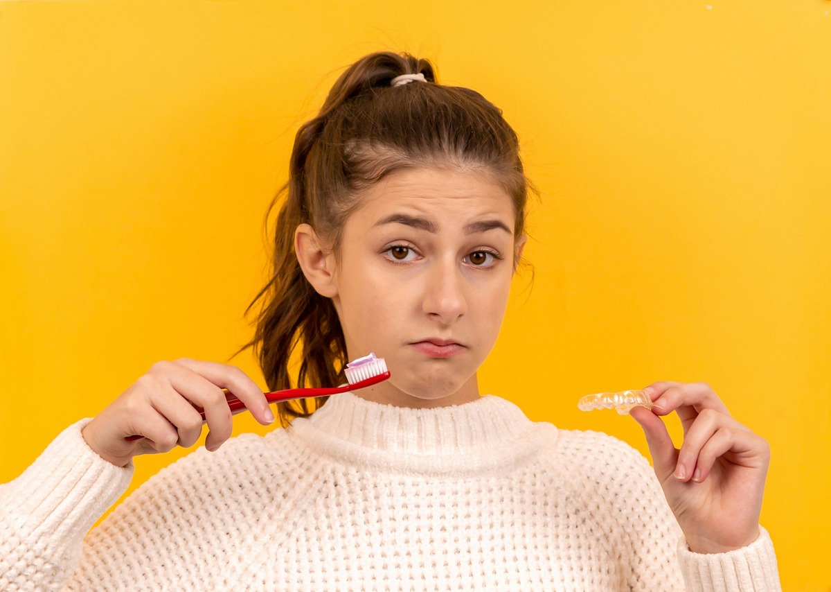 une fille avec un appareil dentaire transparent et une brosse à dents